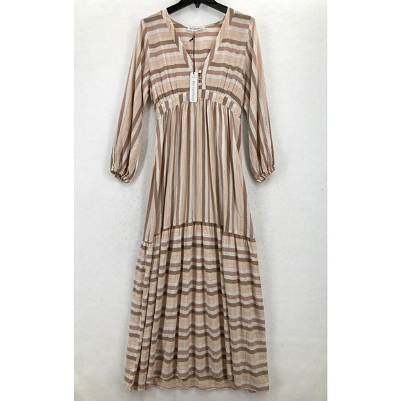 Self Contrast Sophia Stripe Maxi Dress Small‎ Beige Brown Prairie Babydoll Boho - Picture 1 of 16